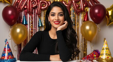 A stylish young woman in a sparkling dress dances joyfully at a New Year party with colorful lights