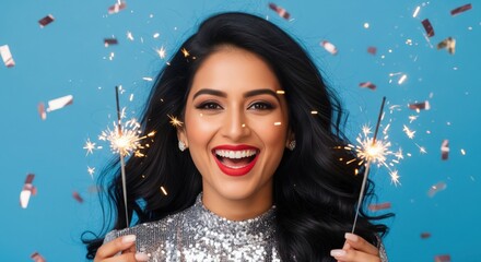 A stylish young woman in a sparkling dress dances joyfully at a New Year party with colorful lights