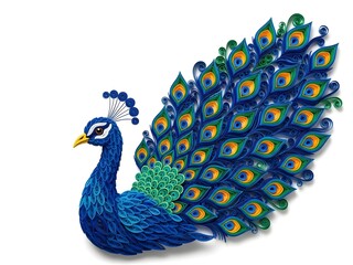 Fototapeta premium Intricate Quilled Paper Peacock with Detailed Feathers on White Background