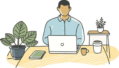 A person works remotely at a desk with a laptop and plants, symbolizing modern work life isolated on transparent background, Vector