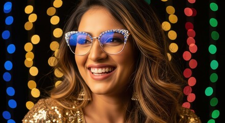 A stylish young woman in a sparkling dress dances joyfully at a New Year party with colorful lights