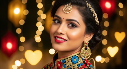 A stylish young woman in a sparkling dress dances joyfully at a New Year party with colorful lights