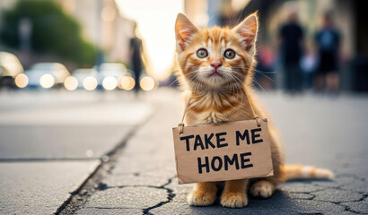 A lonely ginger kitten on city street with "Take Me Home" sign seeks a family and warm home. Homeless animals concept.