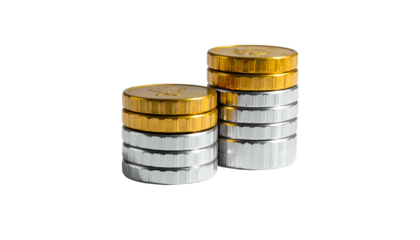 Two stacks of coins, some silver and some gold, on a black background