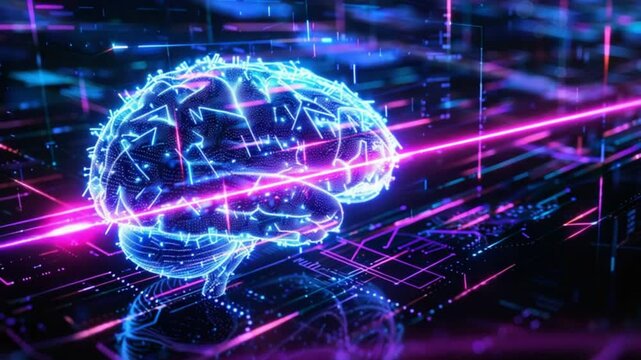 Vibrant digital brain glows with futuristic technology and data streams