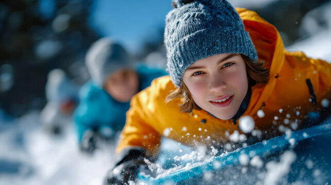 A smiling child in a yellow jacket sleds down a snowy hill with friends on a bright winter day