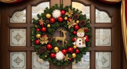 A festive Christmas wreath made of pinecones, red berries, nuts, and greenery hangs neatly on a green front door.
