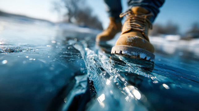 Close-up of rugged boots stepping on thin cracked ice, capturing dynamic shards and winter texture