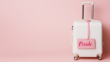A white suitcase stands against a soft pink backdrop, adorned with a pink ribbon and a tag labeled "Bride", symbolizing travel and upcoming nuptials with simplicity.