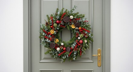 A festive Christmas wreath made of pinecones, red berries, nuts, and greenery hangs neatly on a green front door.