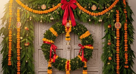 A festive Christmas wreath made of pinecones, red berries, nuts, and greenery hangs neatly on a green front door.