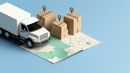 Stylized 3D rendering of a delivery truck and packages on a map, ideal for shipping or logistics themes. Shows efficiency and geographic reach in a modern and conceptual design.
