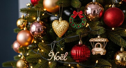Close‑up of a decorated Christmas tree with shiny red and gold baubles, a golden heart ornament, festive wreath, and a &ldquo;No&euml;l&rdquo; sign glowing among fairy lights.