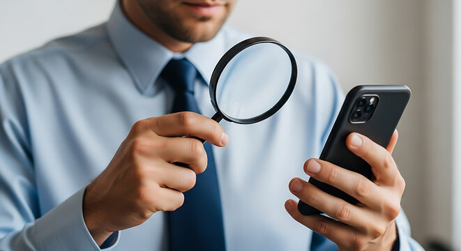 Focused professional examining smartphone data through a magnifying glass, scrutinizing digital information for verification