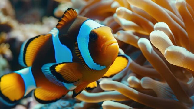 Video Close-up shot of a clown fish swimming in its home aquarium