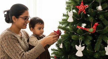 Mother gently helping her young child hang a red star ornament on a beautifully decorated Christmas tree with fabric angels and birds.