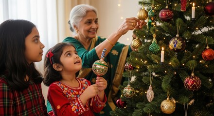 Grandmother and two smiling young girls stand beside a beautifully decorated Christmas tree