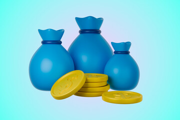 3D render of blue money bags and gold coins on a bright cyan background