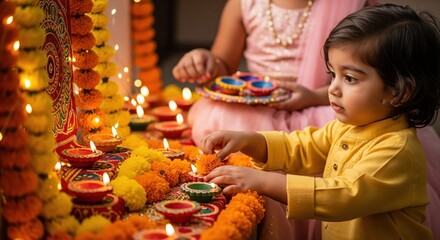 Young child in traditional yellow kurta decorating a brightly lit Diwali altar with marigold flowers and clay oil lamps.