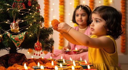 Young child in traditional yellow kurta decorating a brightly lit Diwali altar with marigold flowers and clay oil lamps.