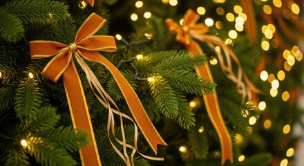 Elegant golden ribbon bows decorating a lush Christmas tree with warm glowing fairy lights and festive bokeh.