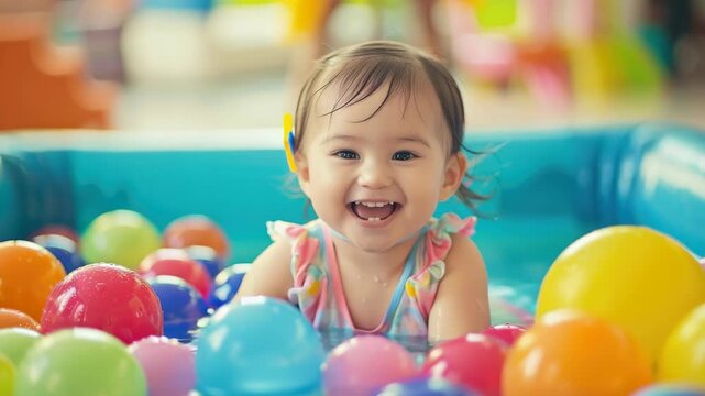 A young child smiling and enjoying themselves in a vibrant ball pit.