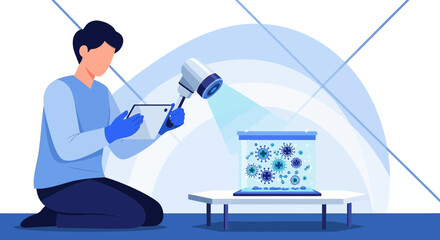 Innovative virus research: Scientist examines viral specimens in futuristic laboratory setting