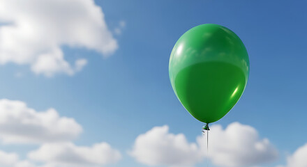 Obraz premium Bright green balloon floats solitarily against a tranquil cloudy backdrop, a digital representation of hope