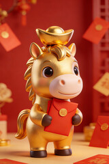 he cute little golden horse, with a golden ingot on its head and a red envelope in its arms, has a 3D card pass
