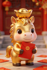 he cute little golden horse, with a golden ingot on its head and a red envelope in its arms, has a 3D card pass