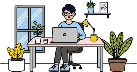 A person works remotely at a cozy desk with plants and a laptop isolated on transparent background, Vector