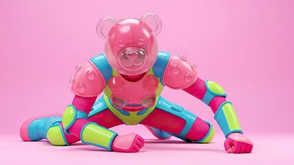 Surreal artistic character in pink teddy bear helmet and colorful plastic armor crawling. Playful and futuristic colorful fashion portrait showcasing glossy synthetic textures.