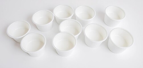 Several empty, clean plastic yogurt pots on a white background, sustainable, pot