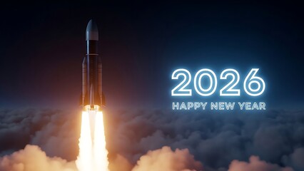 Vibrant digital art showing a space launch with intense fire and smoke, paired with a celebratory New Year 2026 message