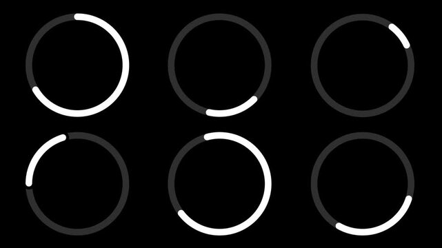 Loading circle icon set 4K animation video. Wheel loading concept, load icon with alpha layer, processing. animated loading circle loop-out on dark transparent background