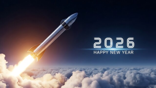 A conceptual graphic depicting a bold rocket launch into space, representing innovation and a fresh beginning in 2026