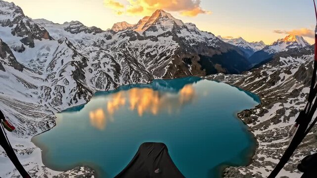 Experience paragliding over snow-capped mountains and a lake at sunset in the Andes