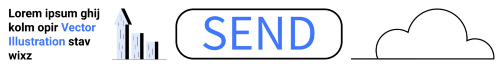 Technology tools, cloud computing, data sharing, digital communication, business analytics, upload concept. A blue send button, bar graph and a cloud icon. Cloud computing and data sharing concept