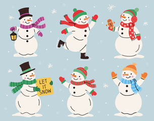 Set of cute different snowmen in winter clothes with scarves, hats, and mittens. Winter illustration in flat style with snowflakes. Perfect for holiday cards, posters, stickers, wrapping paper.