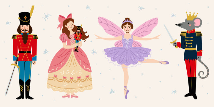 Set of characters from The Nutcracker. Nutcracker soldier, Clara girl, Sugar Plum Fairy, and Mouse King. Christmas holiday design in flat cartoon style, perfect for greeting cards, posters, stickers