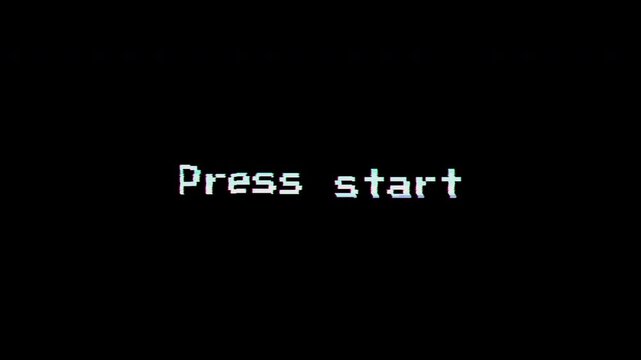 4k stock | Glitch black background text animation press start retro gaming message.