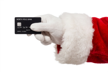 Santa Claus hand holding black credit card, isolated on transparent background
