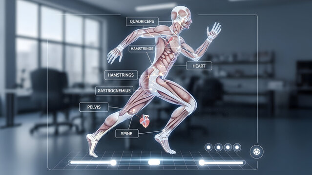 Running Human Anatomy Visualization with Highlighted Muscles and Heart Details