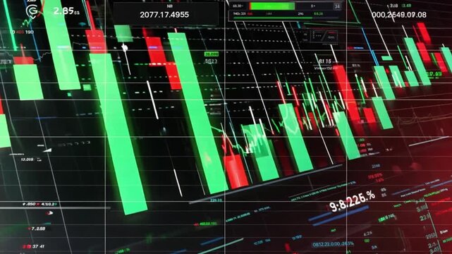 Dynamic stock market graph showing upward and downward trends with financial data.