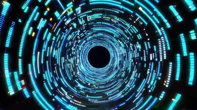Abstract digital tunnel with glowing blue and green light streaks, representing data flow or futuristic technology.