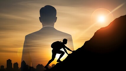 Silhouette of a determined man climbing a mountain with another silhouette in the background against a vibrant sunset cityscape.