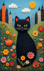 Black Cat Portrait in Flower Field Textured Art Style Illustration with Green Hills, Sunny Yellow Sky, Fluffy Clouds, Soaring Birds, and Colorful City Skyline of Tall Towers