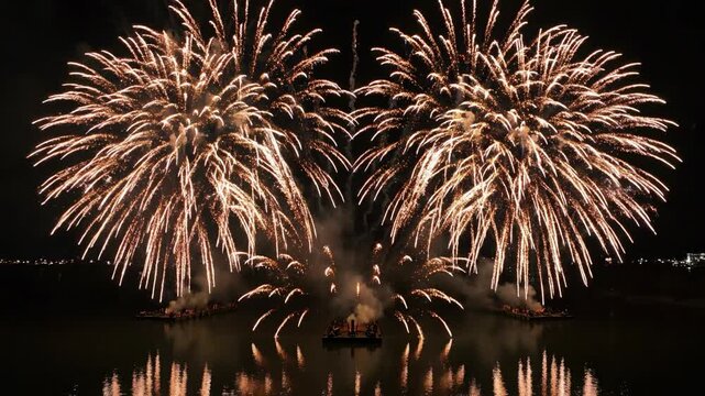 Aerial drone viewpoint capturing multiple simultaneous explosive firework launches creating symmetrical light trails reflecting on the dark surface below abstract, viewpoint, multiple