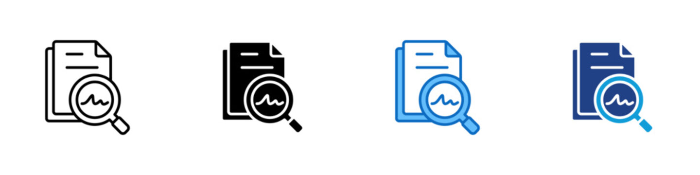 Document Review Multiple Style Icon Design Vector - document with a magnifying glass showing a signature, representing validation, approval, and verification