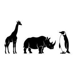 Stunning black silhouette collection featuring giraffe rhino and penguin perfect for wildlife design projects